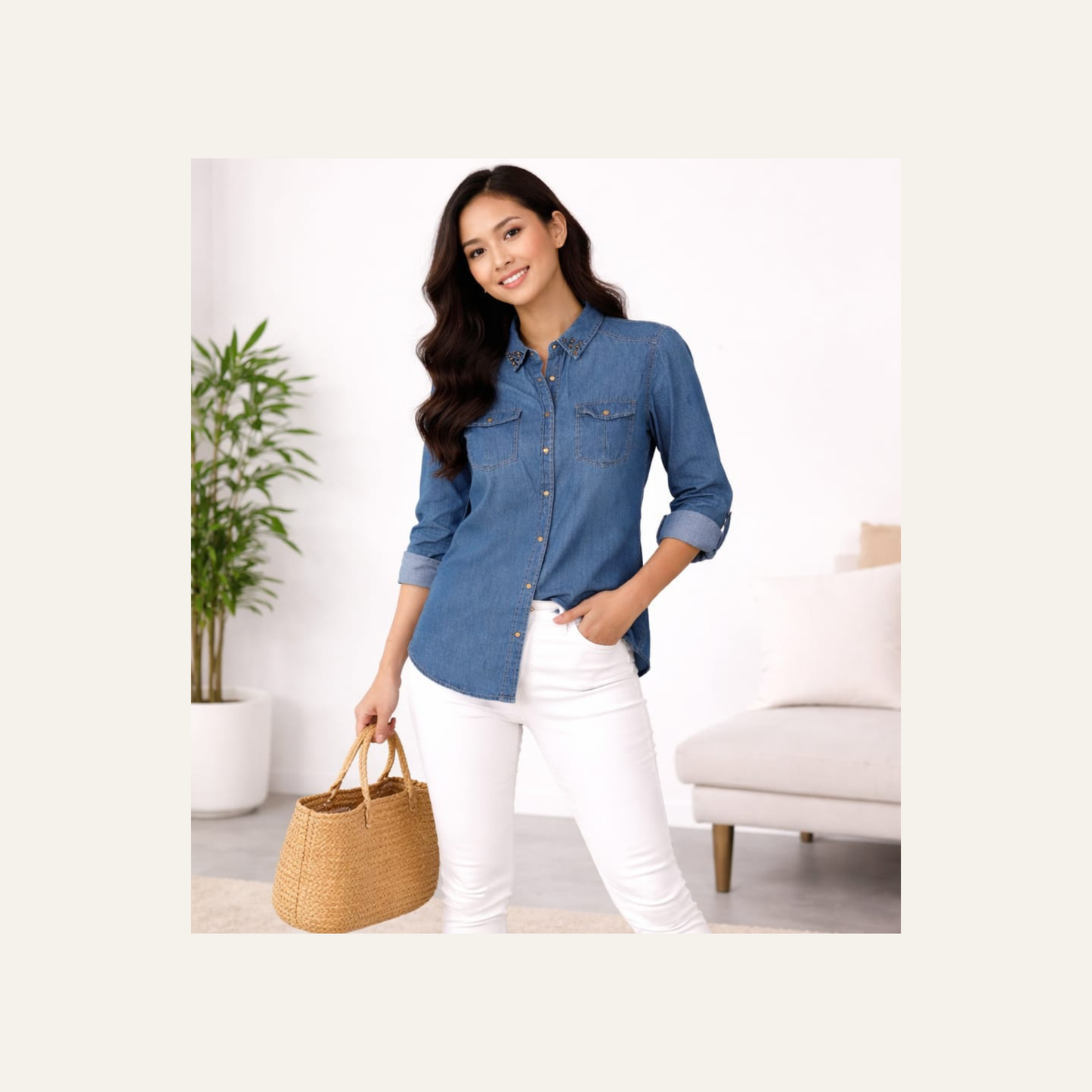 Pull&Bear Women’s Denim Long Sleeve Shirt-Pre owned (Medium)